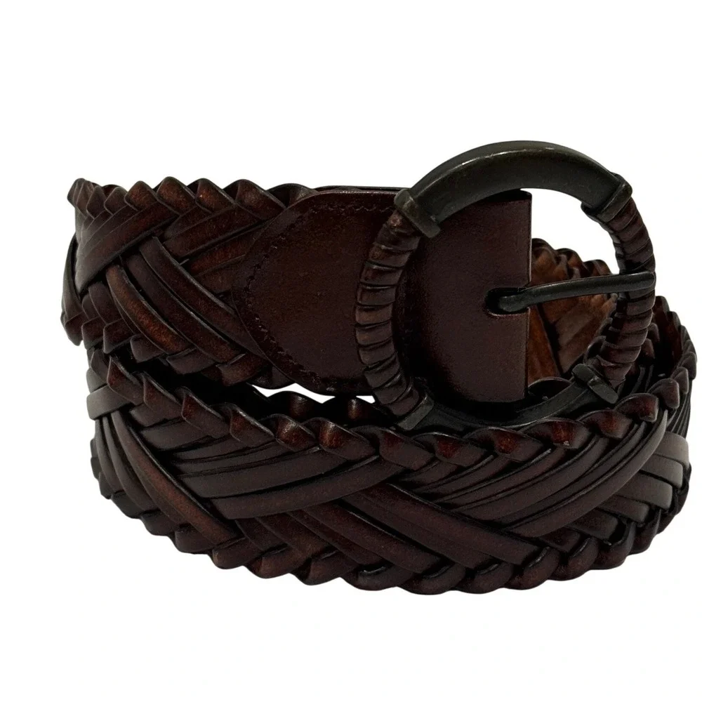 Braided Leather Belt Circle Buckle Women's 2X Dark Brown Woven Boho Western 49